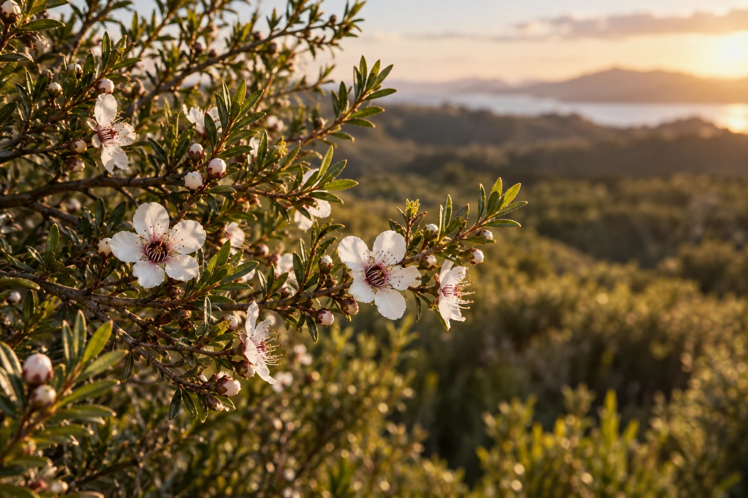 Illustration photographique d’un arbuste de manuka en fleurs